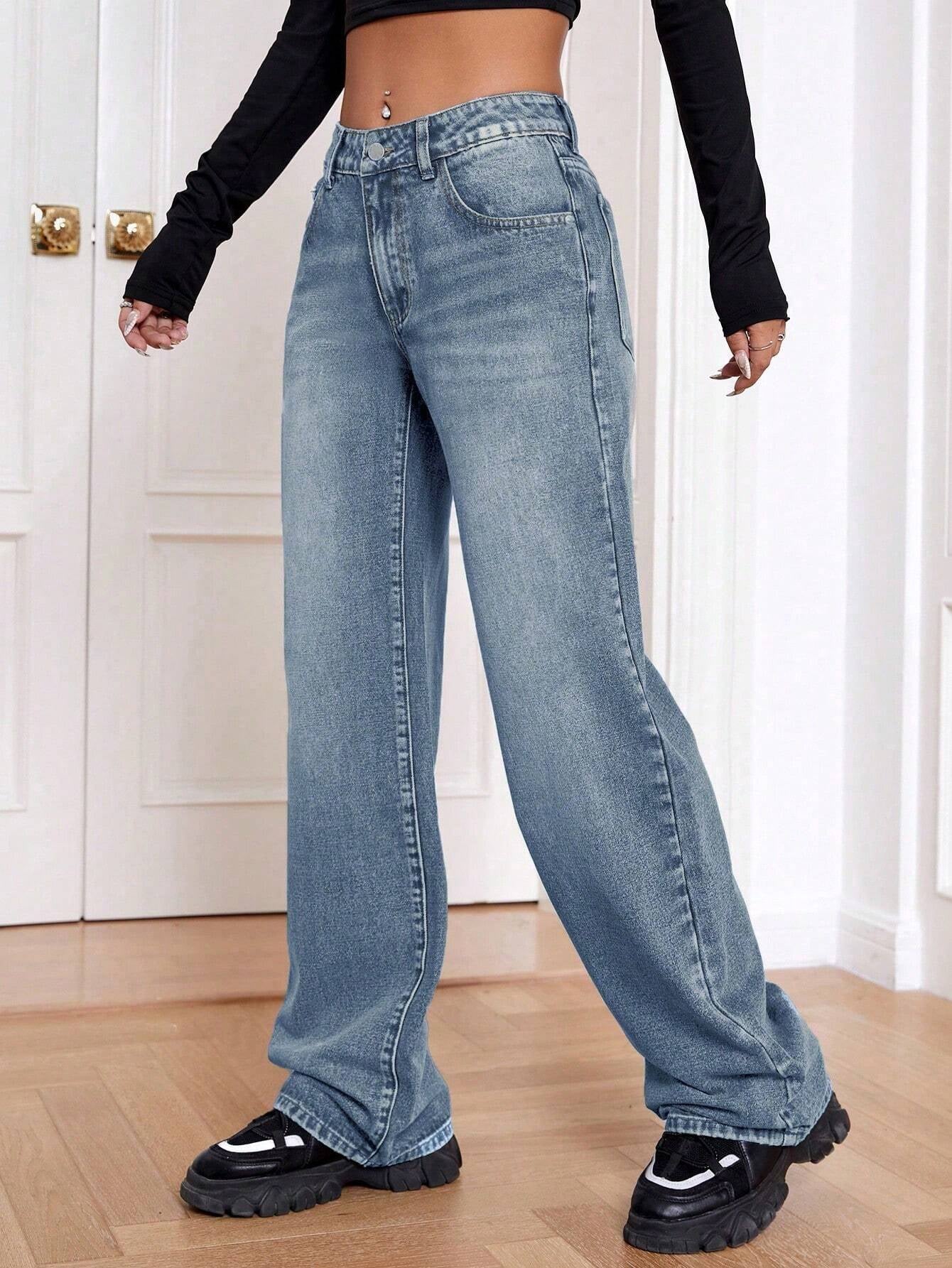 Ezwear Women Loose Fit Pocketed Wide-Leg Casual Baggy Jeans