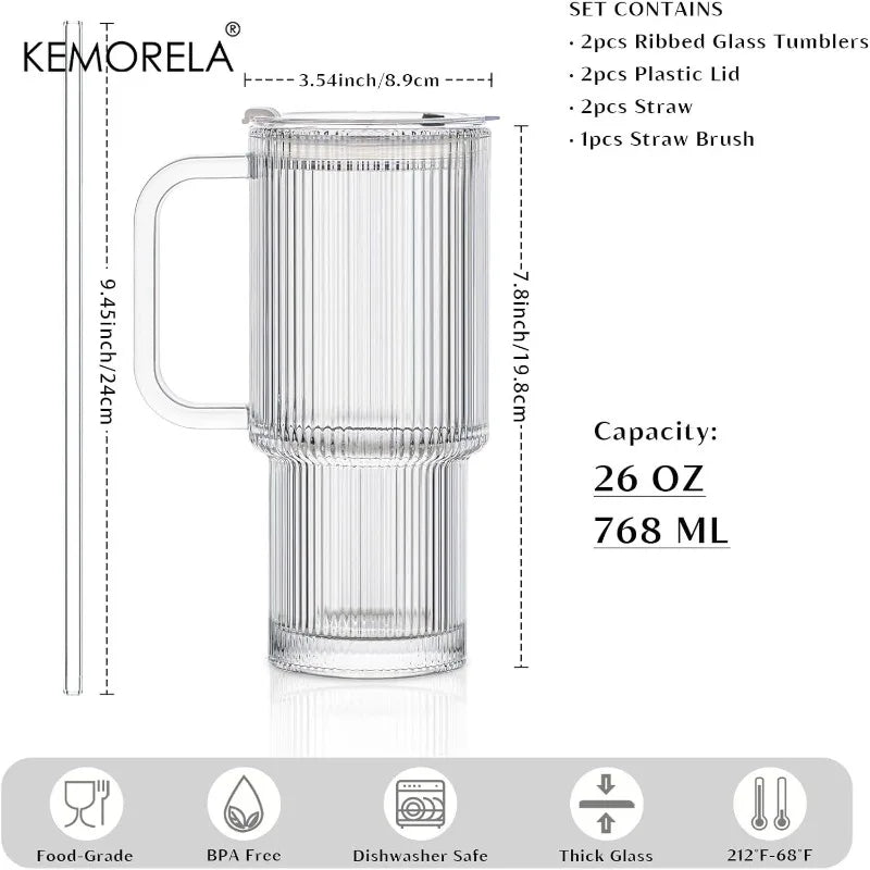 760ML Ribbed Glass Tumbler with Handle Lid 1/2PCS Large Iced Coffee Cups with Straws Modern Glass Mug for Cold & Hot Beverages