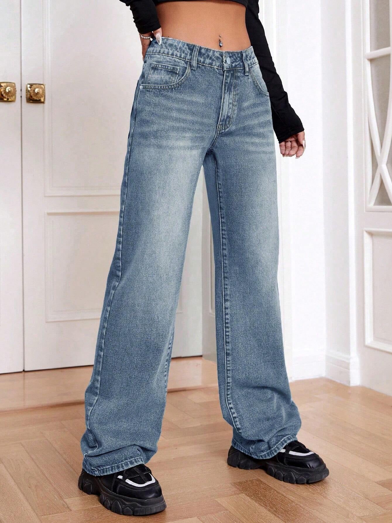 Ezwear Women Loose Fit Pocketed Wide-Leg Casual Baggy Jeans