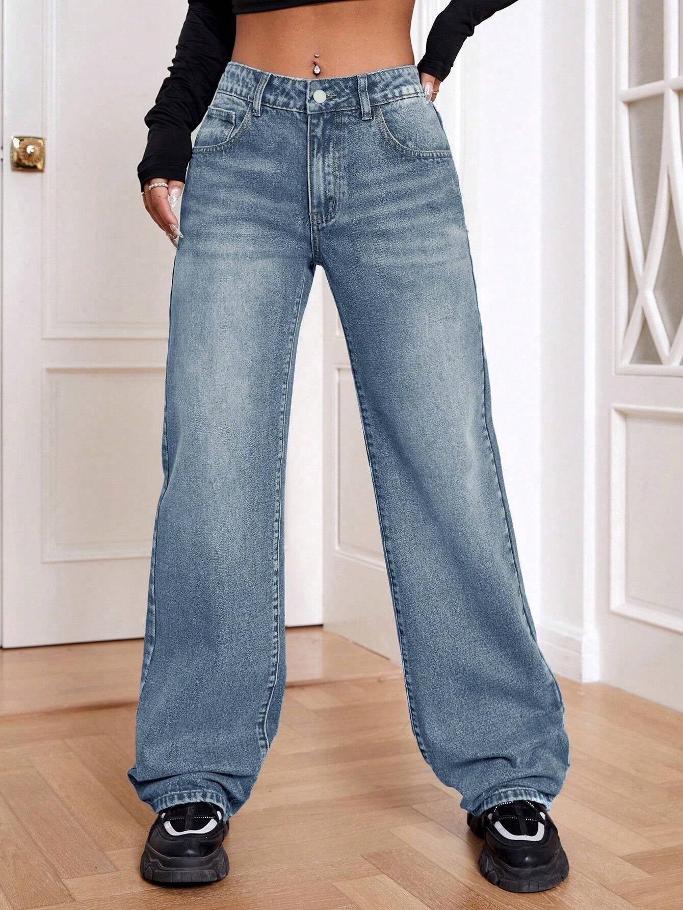 Ezwear Women Loose Fit Pocketed Wide-Leg Casual Baggy Jeans