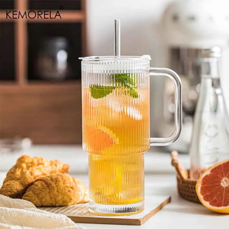 760ML Ribbed Glass Tumbler with Handle Lid 1/2PCS Large Iced Coffee Cups with Straws Modern Glass Mug for Cold & Hot Beverages