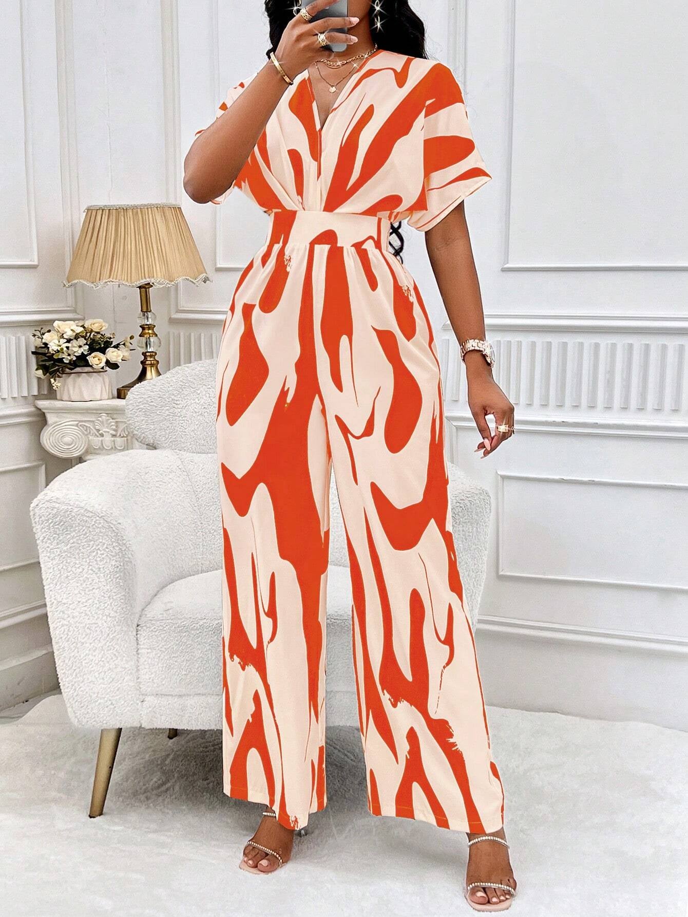 Clasi Allover Print Batwing Sleeve Wide Leg Jumpsuit