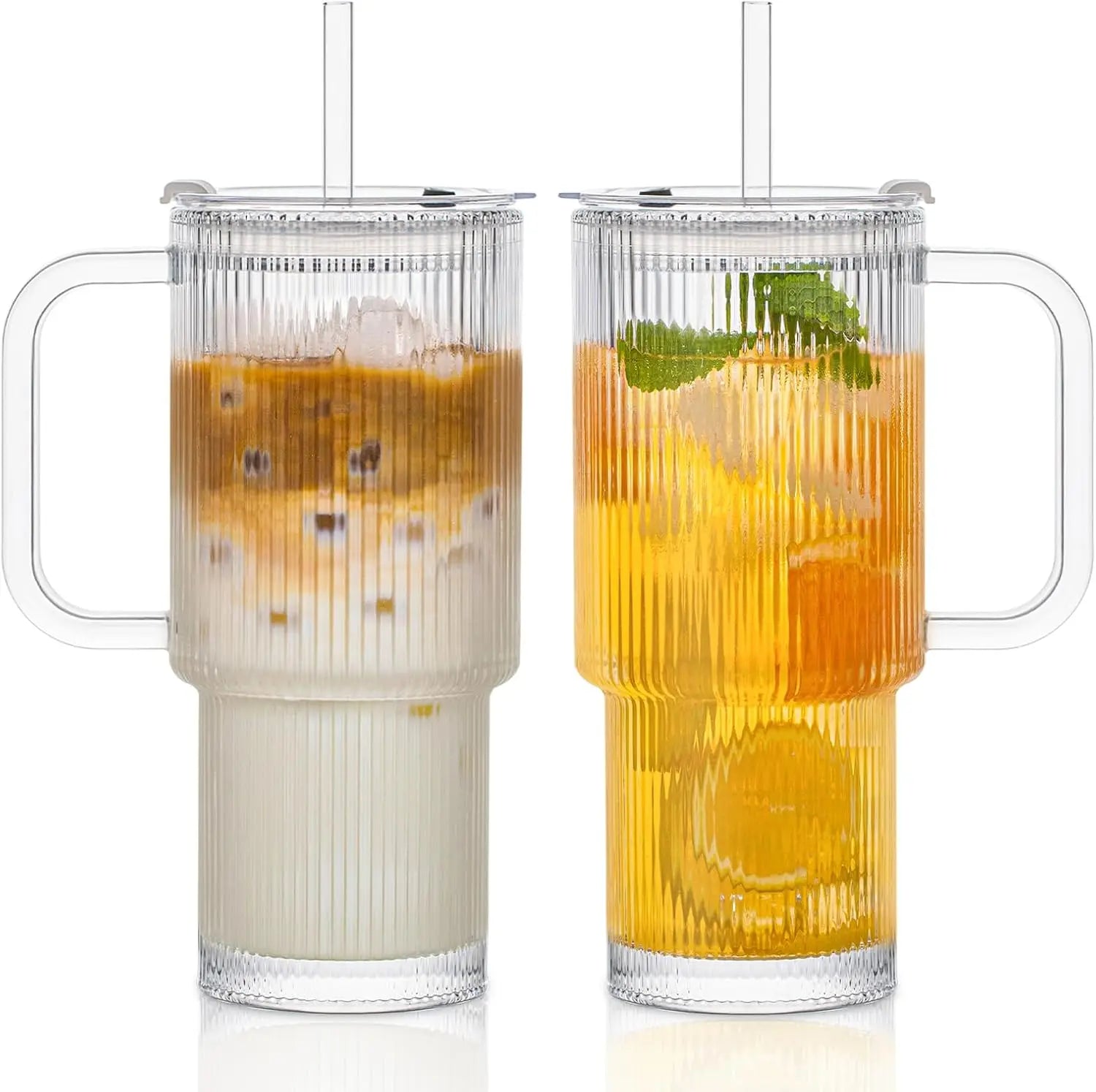 760ML Ribbed Glass Tumbler with Handle Lid 1/2PCS Large Iced Coffee Cups with Straws Modern Glass Mug for Cold & Hot Beverages