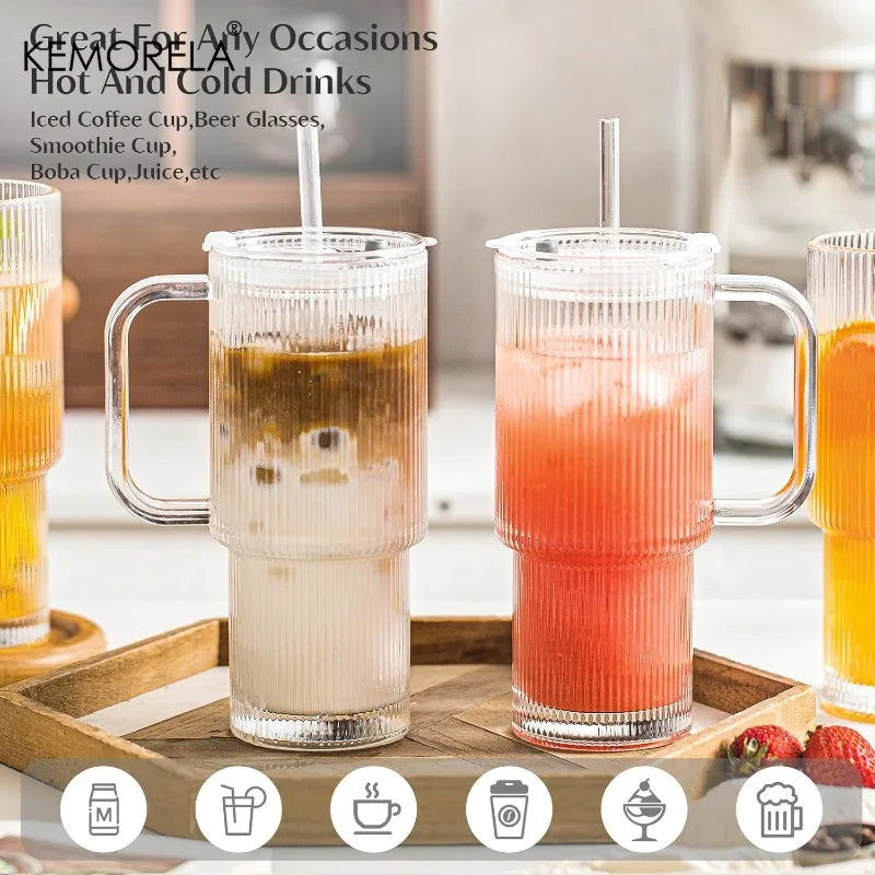 760ML Ribbed Glass Tumbler with Handle Lid 1/2PCS Large Iced Coffee Cups with Straws Modern Glass Mug for Cold & Hot Beverages
