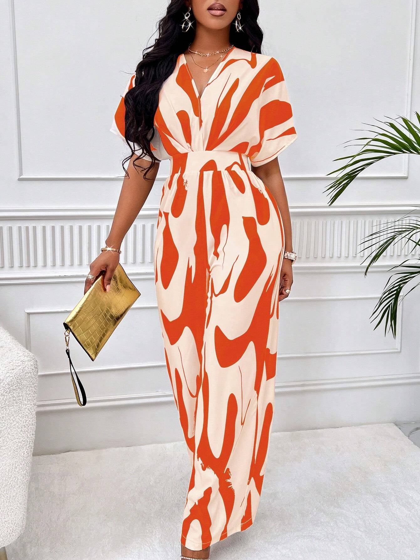 Clasi Allover Print Batwing Sleeve Wide Leg Jumpsuit