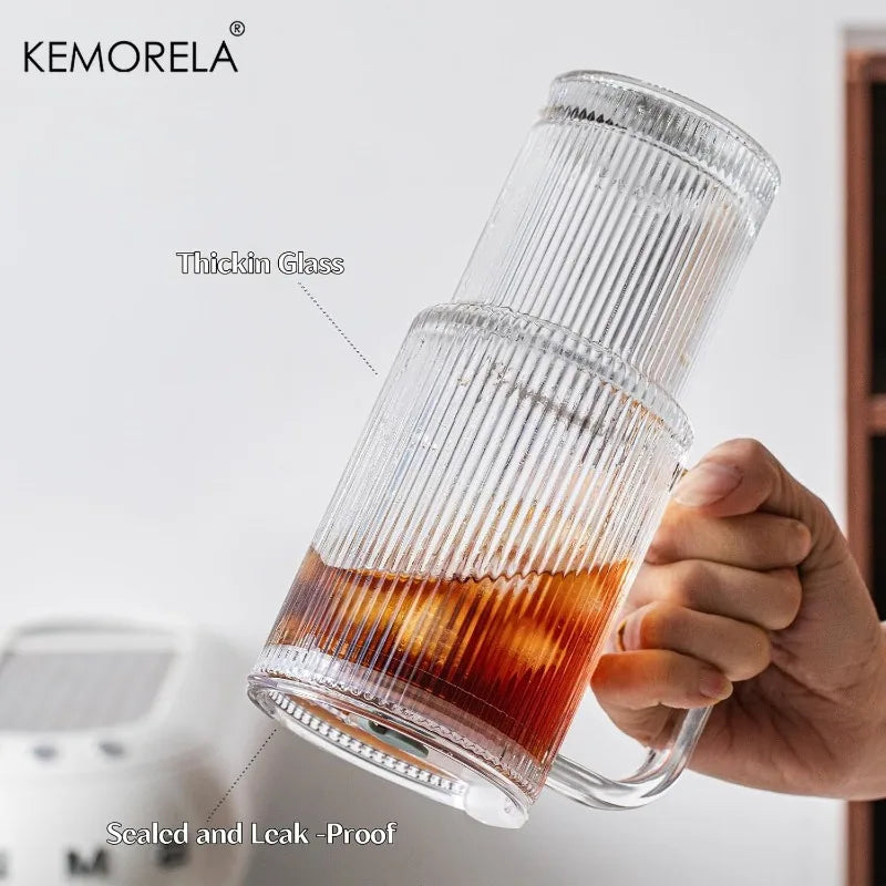 760ML Ribbed Glass Tumbler with Handle Lid 1/2PCS Large Iced Coffee Cups with Straws Modern Glass Mug for Cold & Hot Beverages