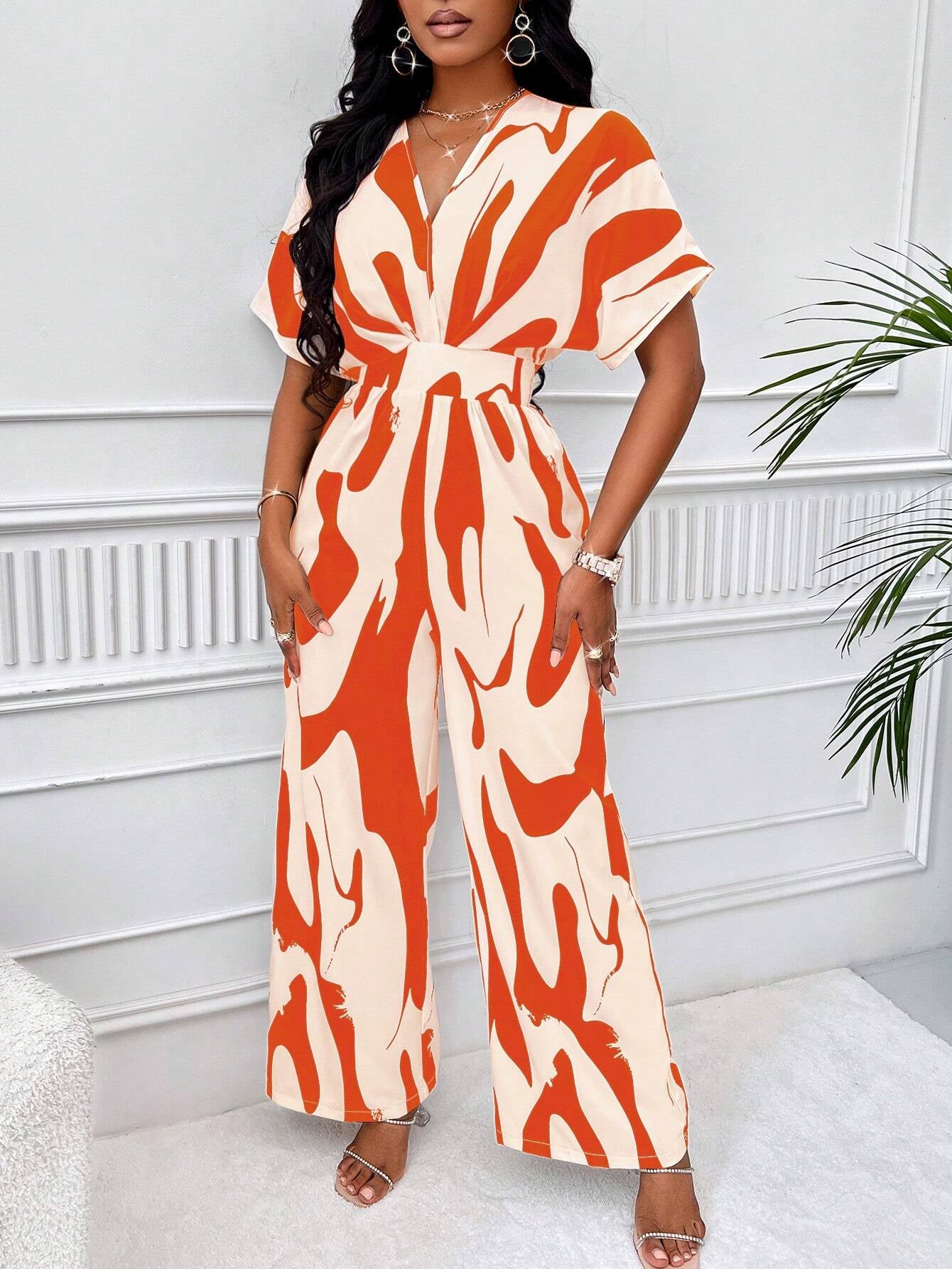 Clasi Allover Print Batwing Sleeve Wide Leg Jumpsuit