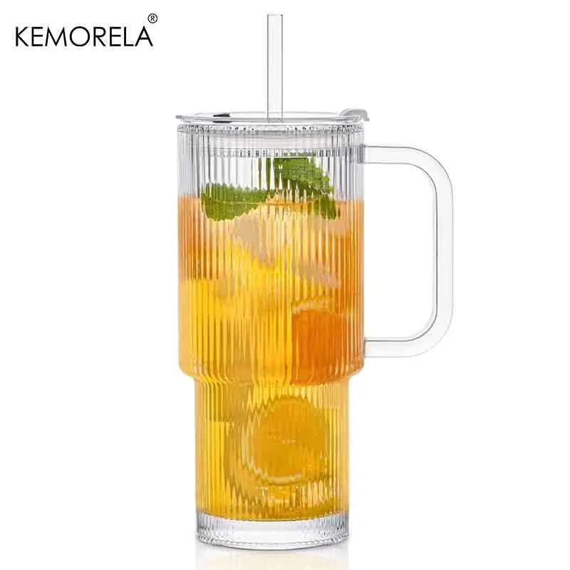 760ML Ribbed Glass Tumbler with Handle Lid 1/2PCS Large Iced Coffee Cups with Straws Modern Glass Mug for Cold & Hot Beverages
