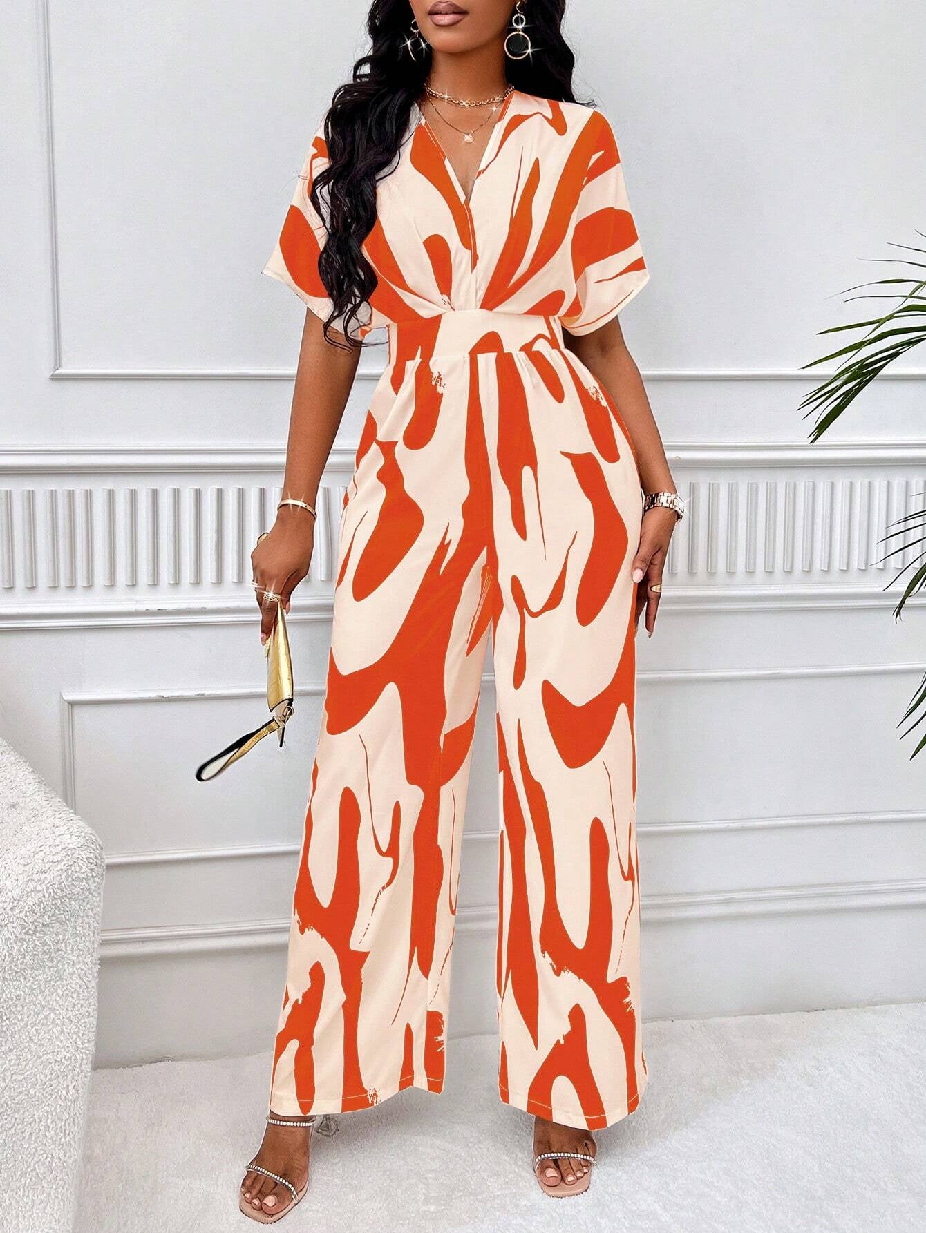 Clasi Allover Print Batwing Sleeve Wide Leg Jumpsuit