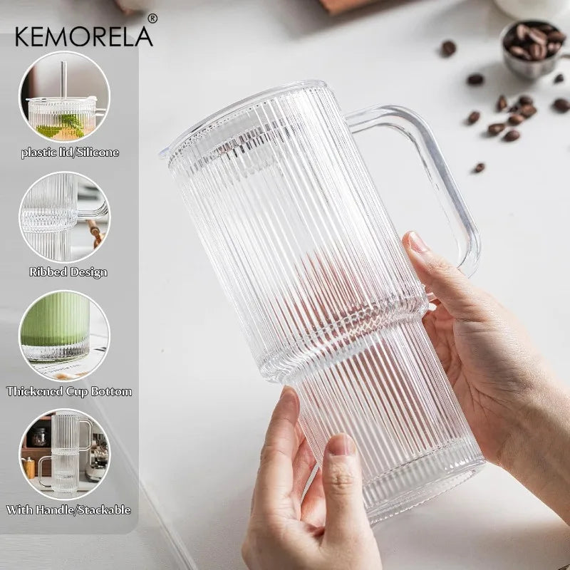 760ML Ribbed Glass Tumbler with Handle Lid 1/2PCS Large Iced Coffee Cups with Straws Modern Glass Mug for Cold & Hot Beverages