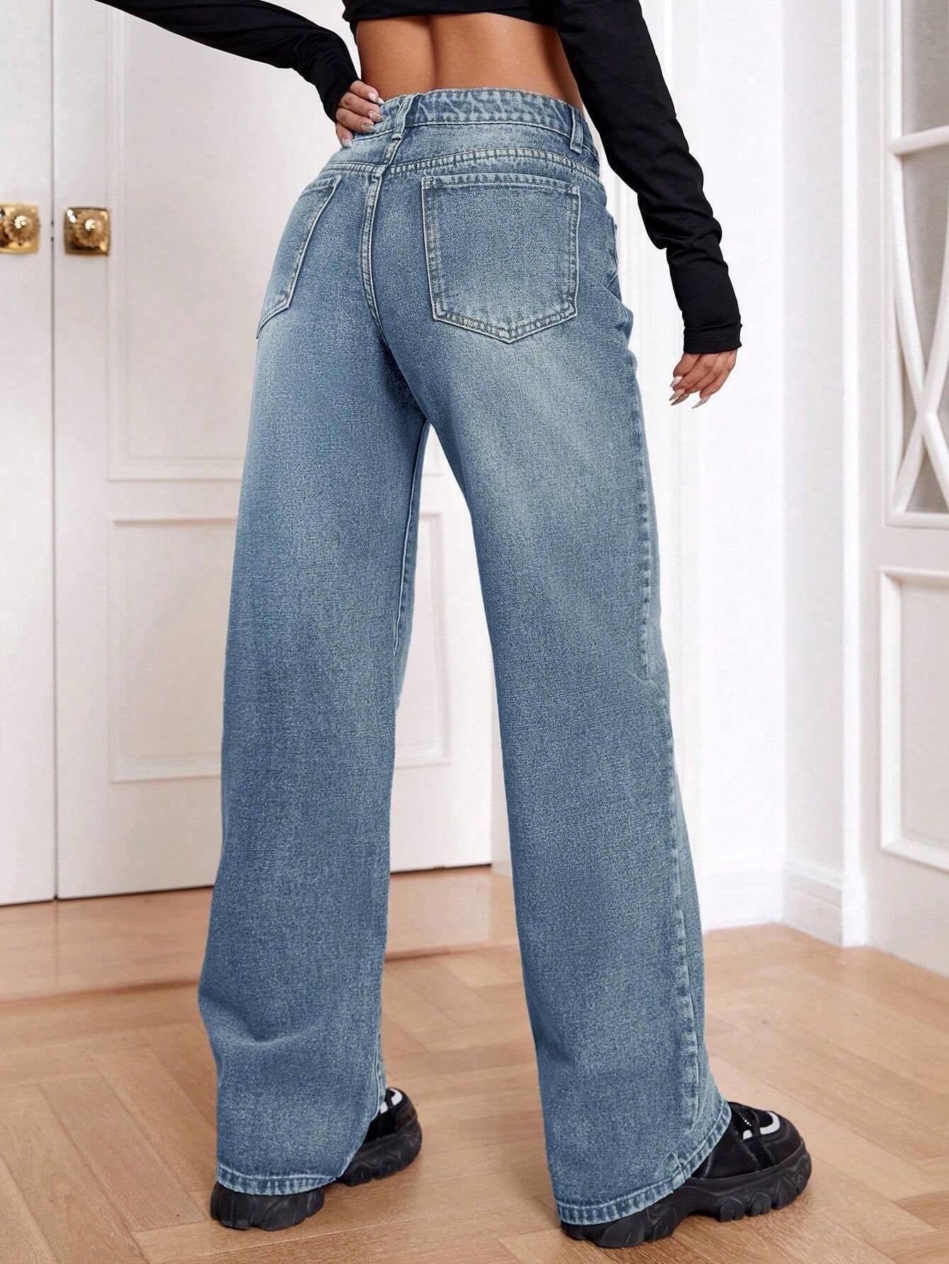 Ezwear Women Loose Fit Pocketed Wide-Leg Casual Baggy Jeans