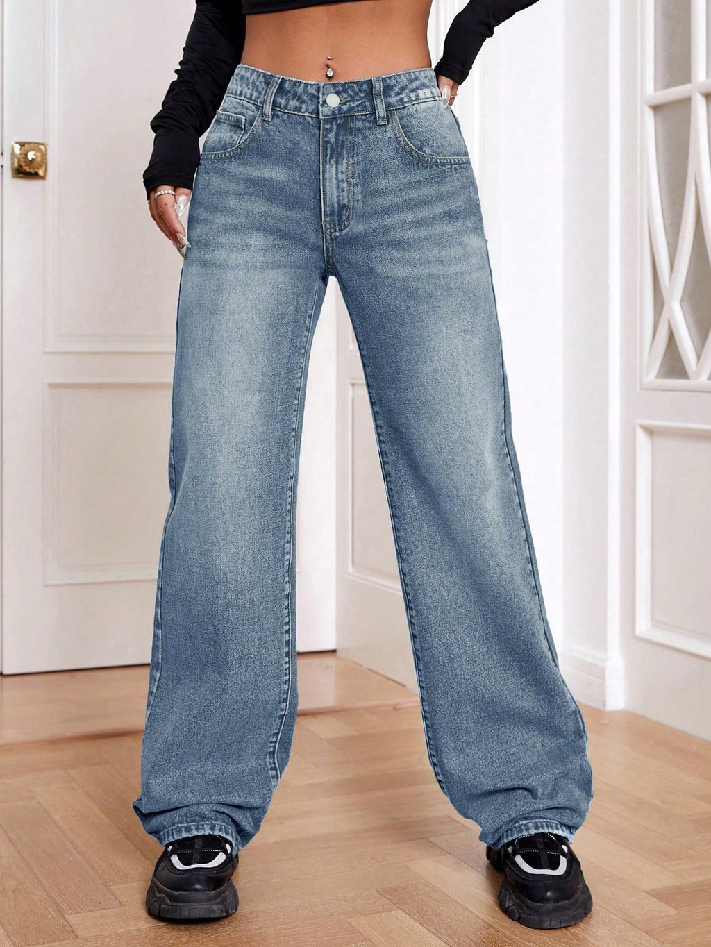 Ezwear Women Loose Fit Pocketed Wide-Leg Casual Baggy Jeans